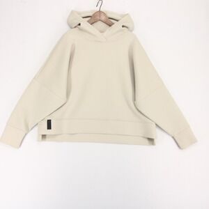 UNRL LuxBreak Hoodie Womens XL Beige Oversized Scuba Pullover Cropped Split Hem